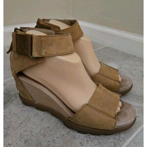 Sorel Strappy Ankle Strap Sandals US8 Joanie Wedge Camel Brown Open Toe